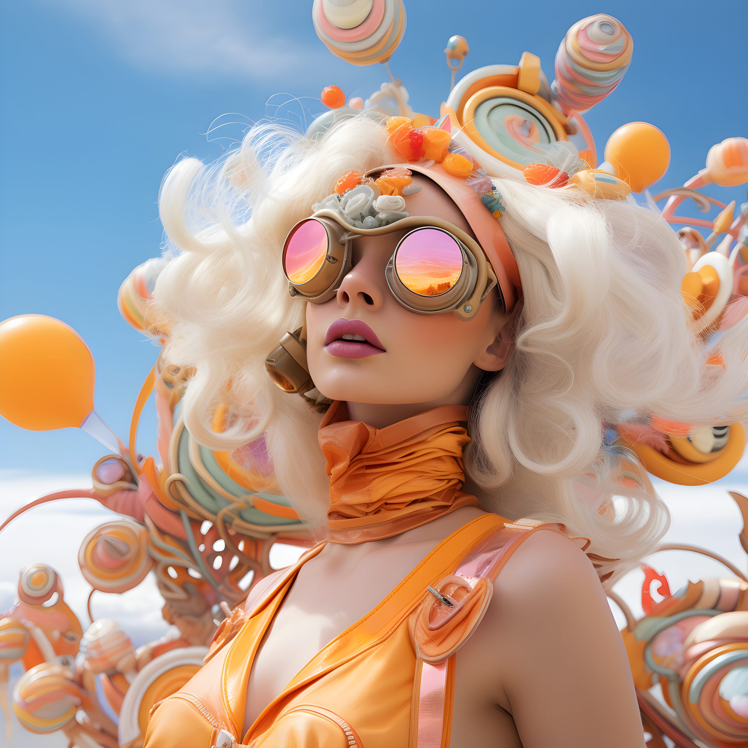 A woman with long blonde hair and glasses is surrounded by balloons in her home.