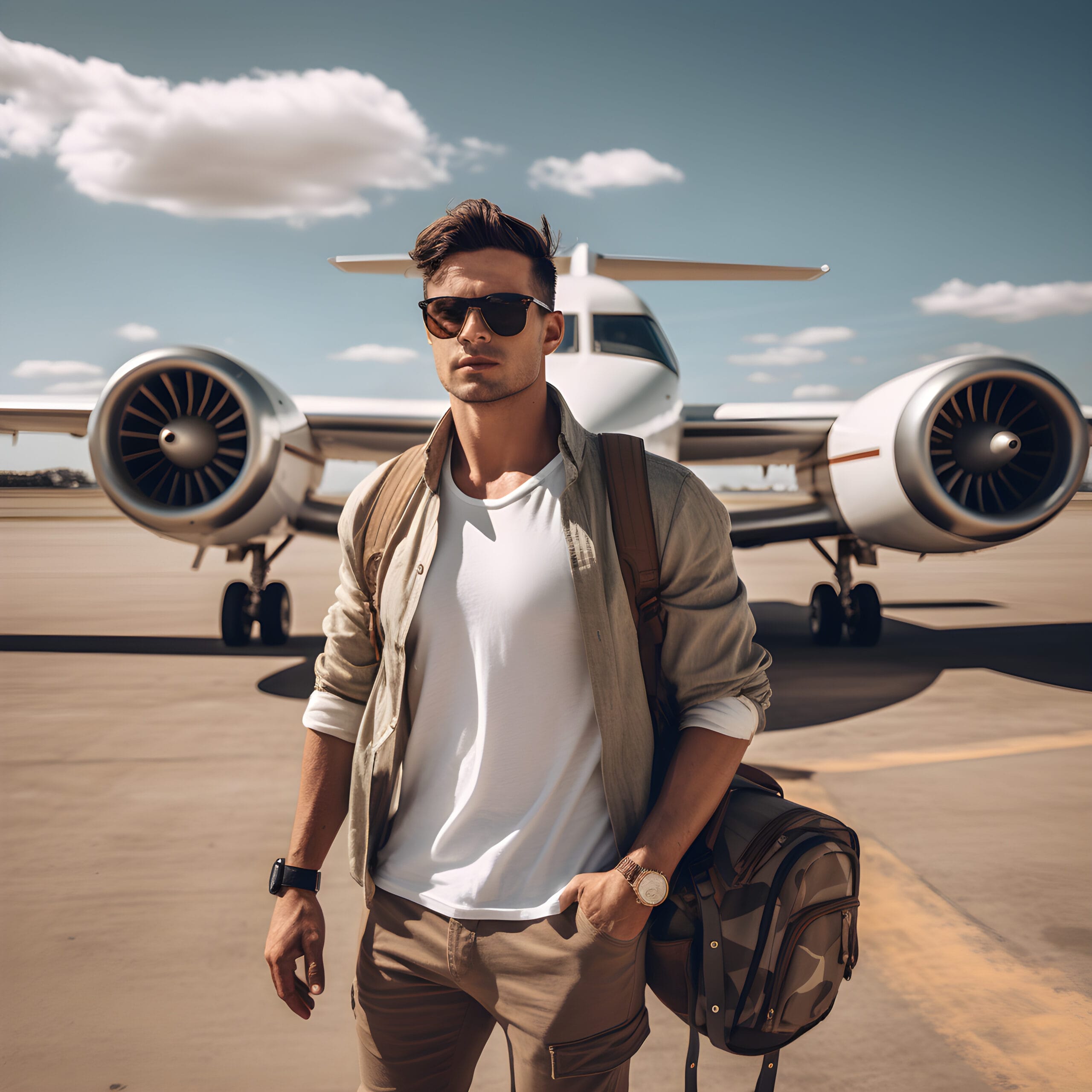 A young man standing in front of a private plane at his home.