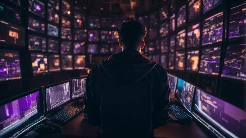 A man watching Twitch streamers on multiple monitors in a dark room.