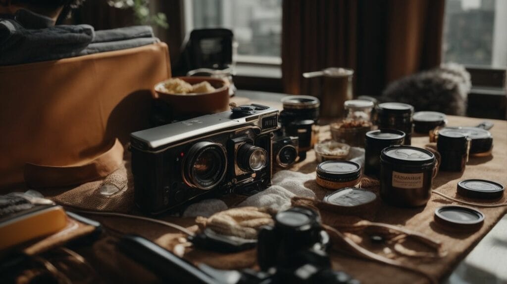 A content creator's table with a camera and jars.