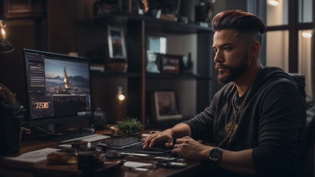 A man sitting at a desk, live streaming on Twitch with a computer in front of him.