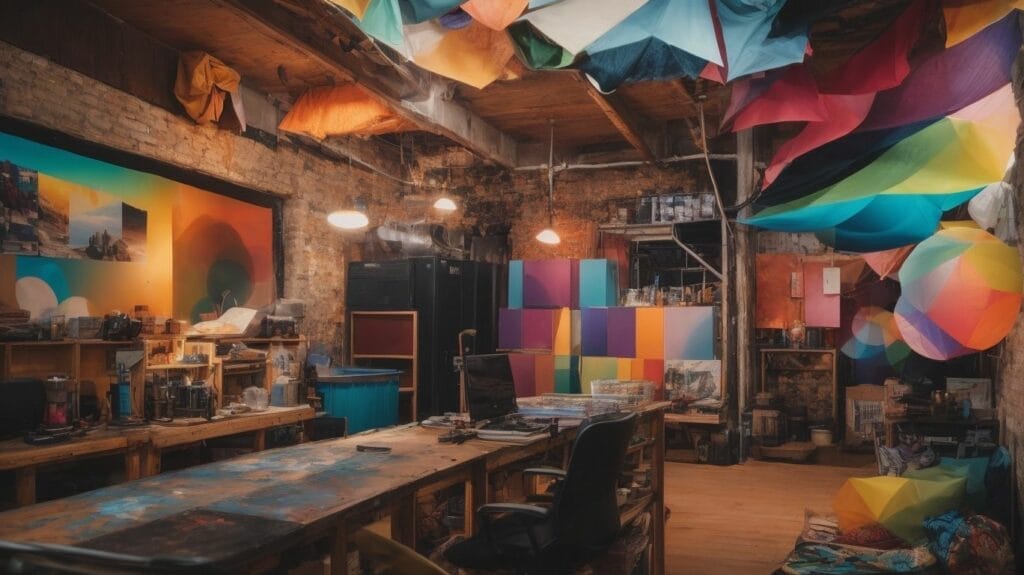 A vibrant art studio filled with colorful umbrellas suspended from the ceiling, perfect for the imaginative content creator.
