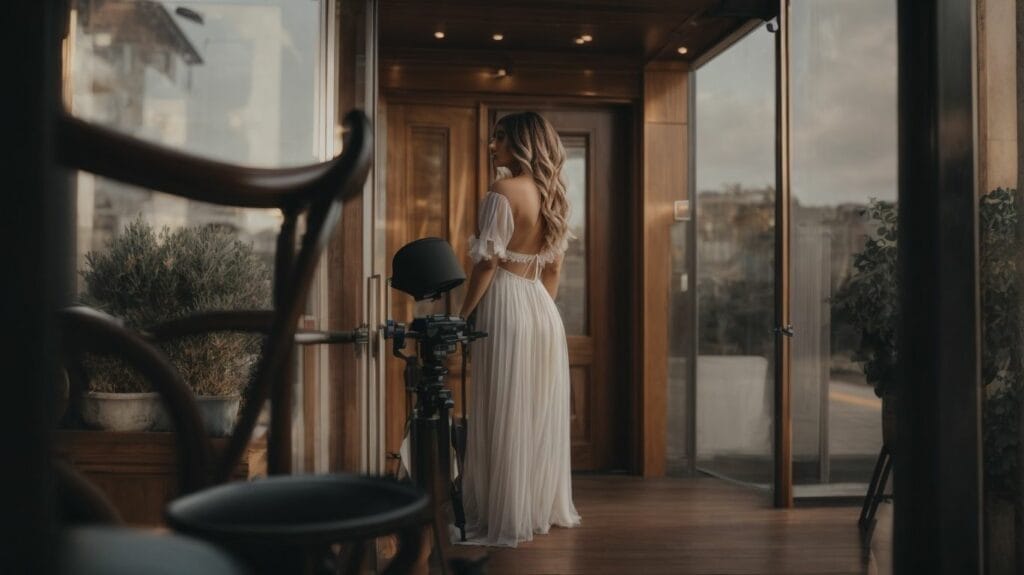 A woman in a white dress standing in front of a door, featured in existing videos.