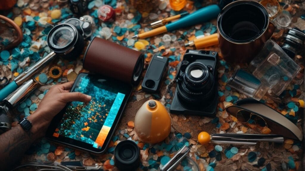 A content creator is using a tablet to take pictures of various items, optimizing their SEO by including relevant keywords in the image descriptions.