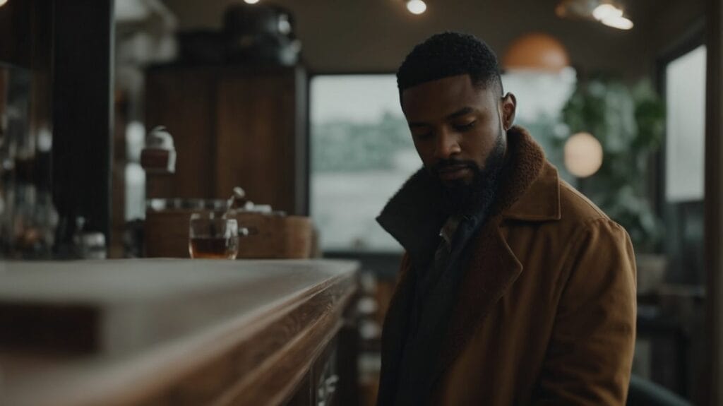 A man with a beard standing in front of a bar, captured in a video reel.