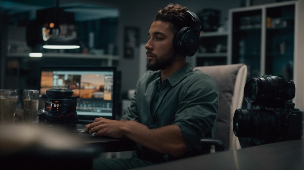 Adin Ross, an ethnicity man, is wearing headphones while working at a desk with a camera.