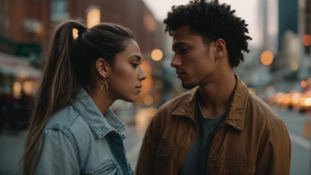 A young man and woman, who happen to be ex-girlfriend and Adin Ross, looking at each other in the city.