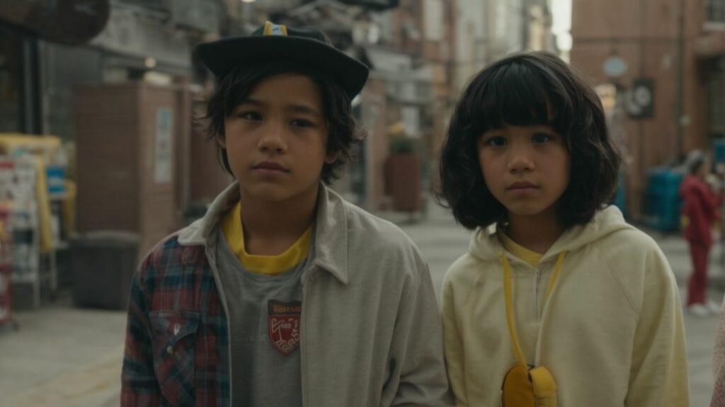 A group of children, including Adin Ross and Jenna Ortega, standing on a street in a city.