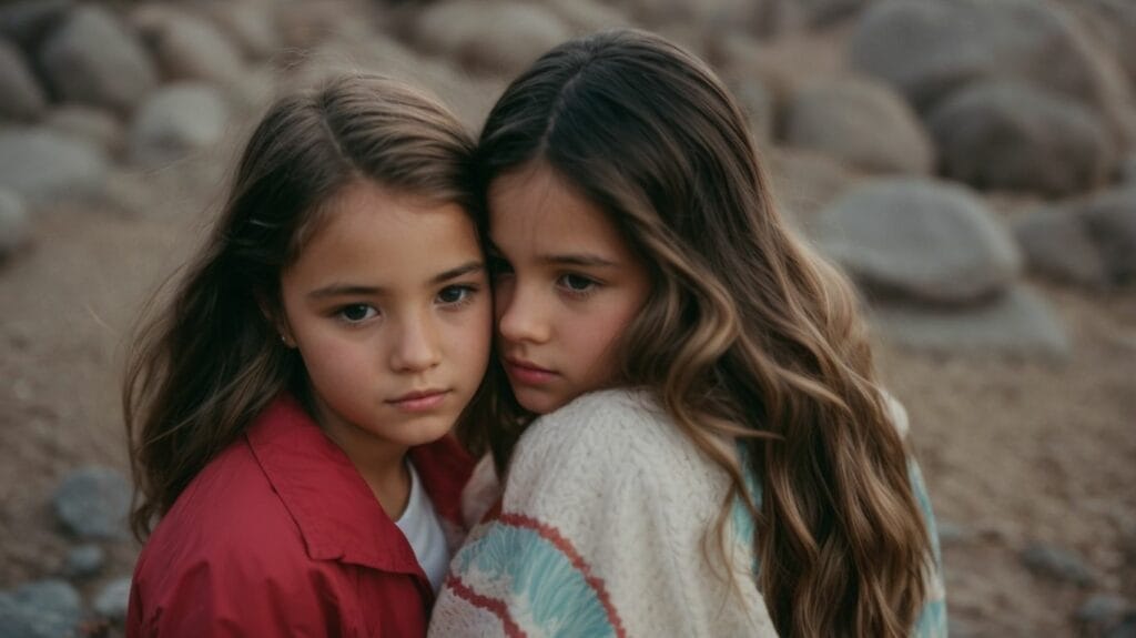 Two young girls, Adin Ross and his sister, hugging each other on the beach.