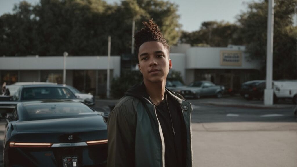 Adin Ross, a young man, standing in front of a car in a parking lot.
