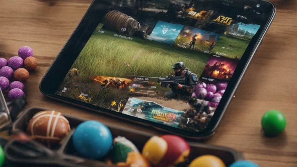 A Best Android tablet with a game on it next to easter eggs.