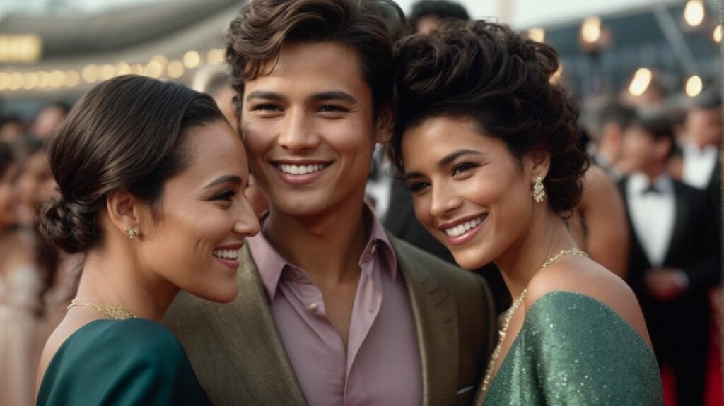 Description: Three young couples smiling for the camera at a red carpet event, celebrating their best moments like celebrities.