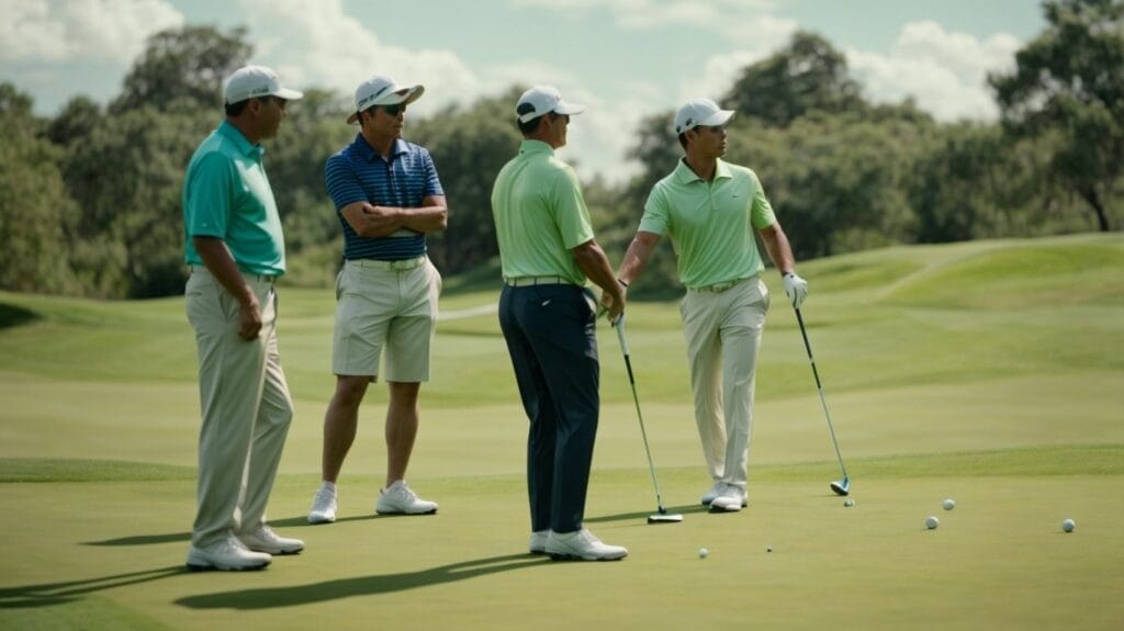 A group of celebrity golfers standing on a golf course.