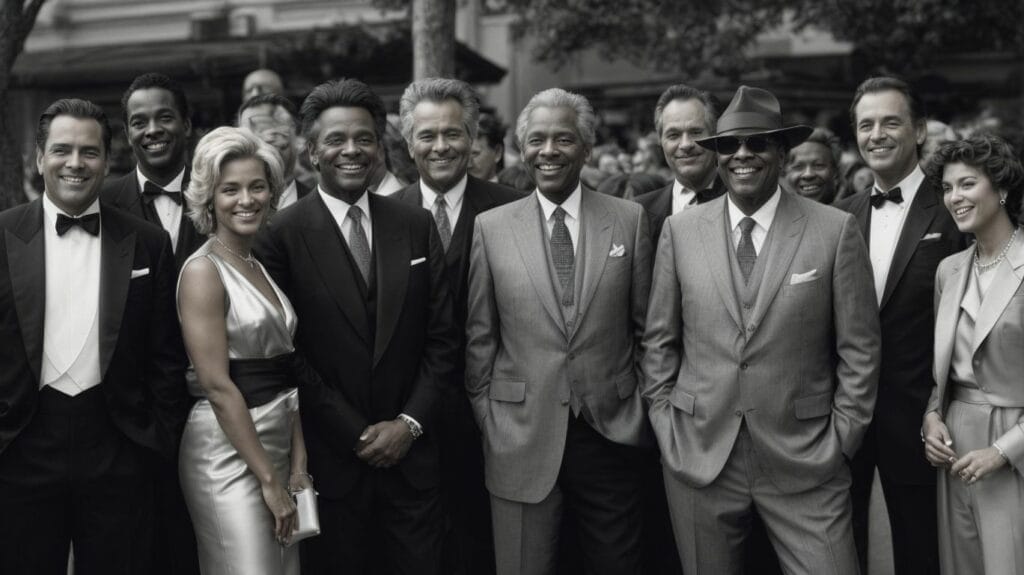 A sober black and white photo of a group of people in suits.