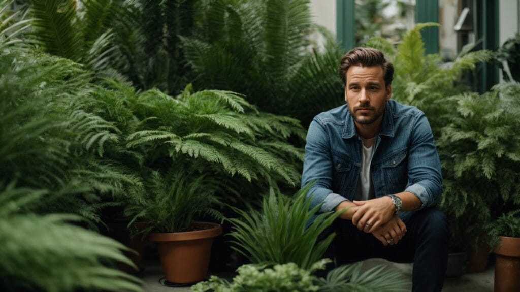 A mad man sitting between two potted plants.
