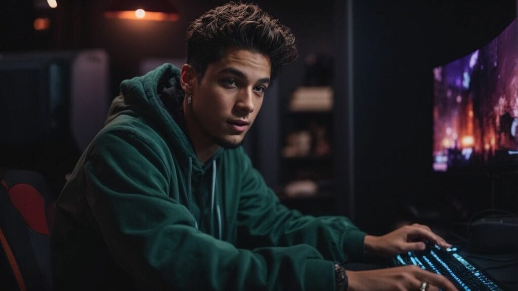 Adin Ross, a famous man in a green hoodie, sitting in front of a computer while utilizing SEO keywords.