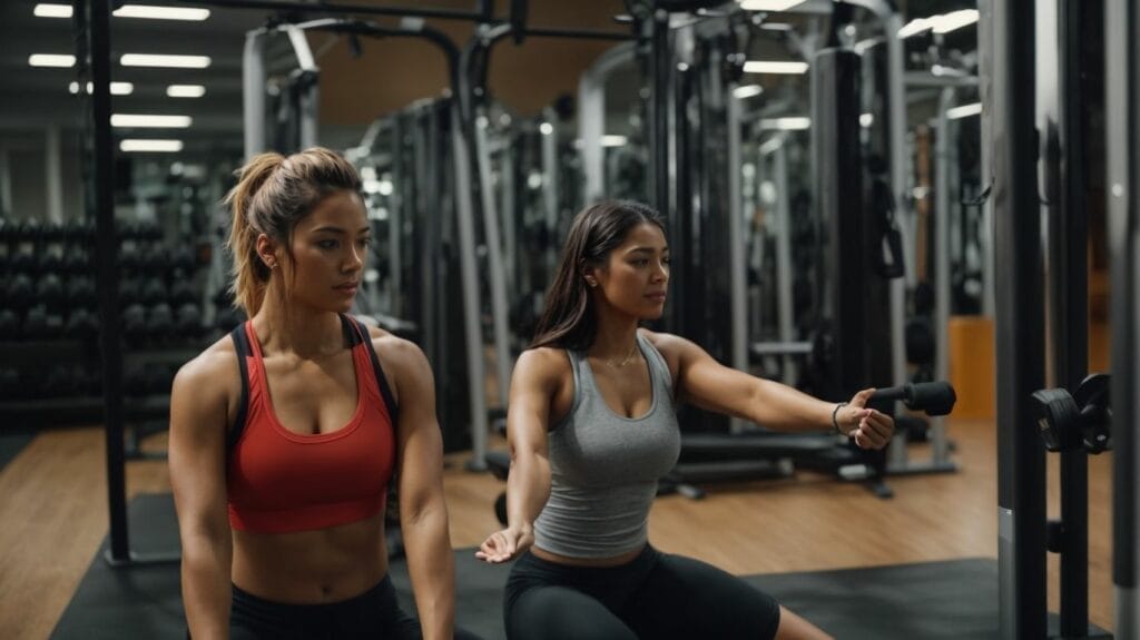 Two women celebrities working out in a gym to lose weight.