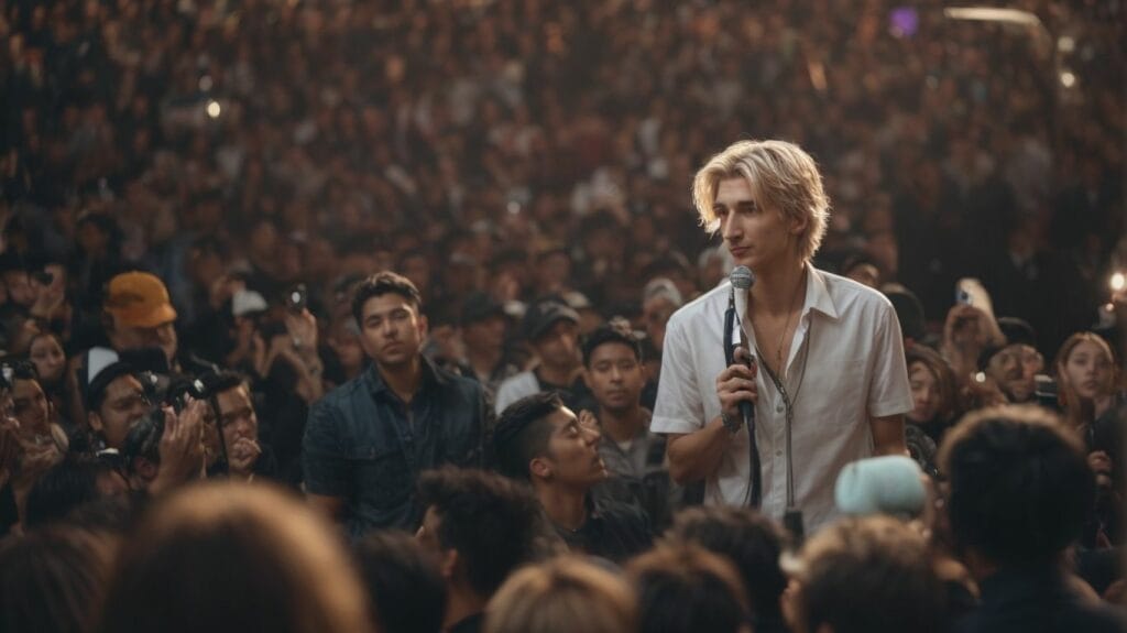 A paid man with blonde hair standing in front of a crowd.