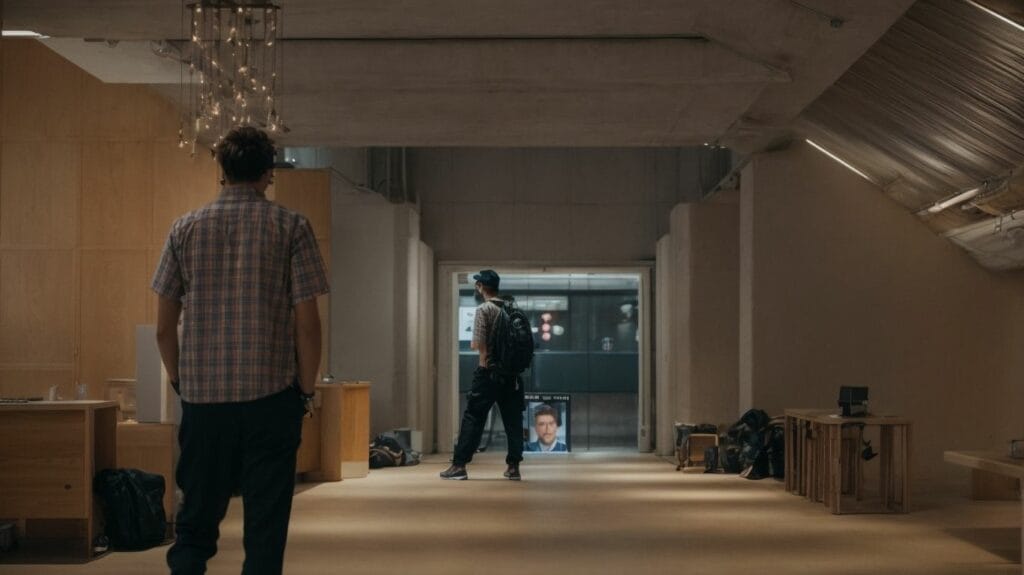 Two old people walking down a hallway in a building.