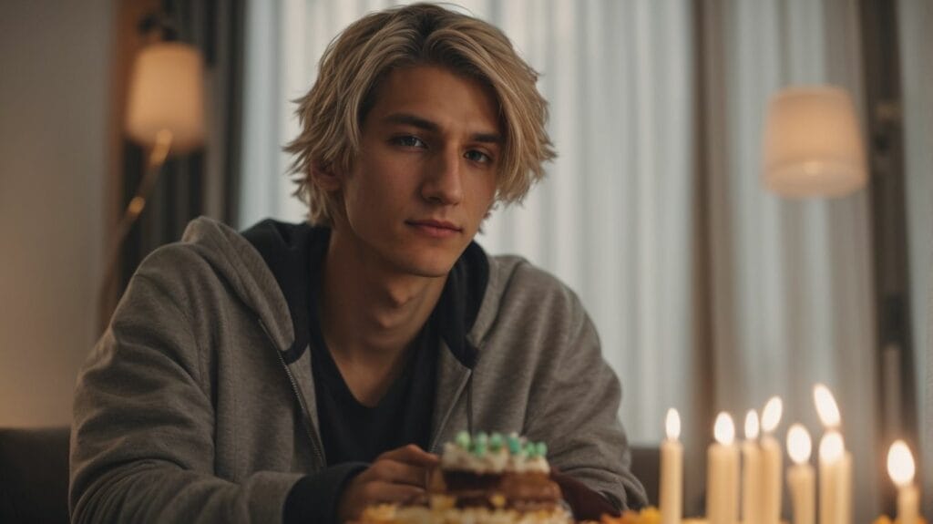 A young man sitting in front of an old birthday cake with candles.