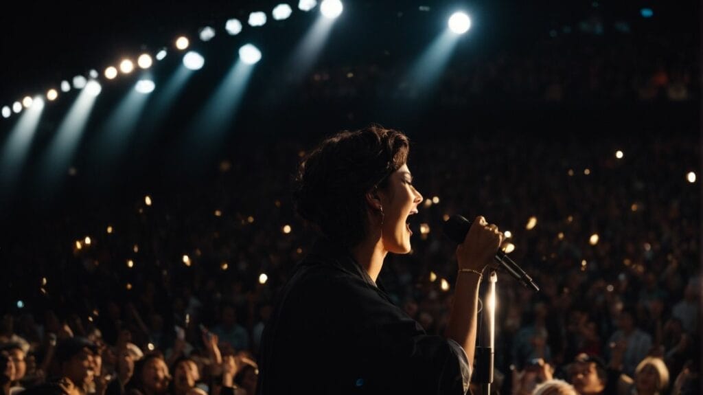 A person becoming a celebrity singer as they passionately sing into a microphone at a concert.