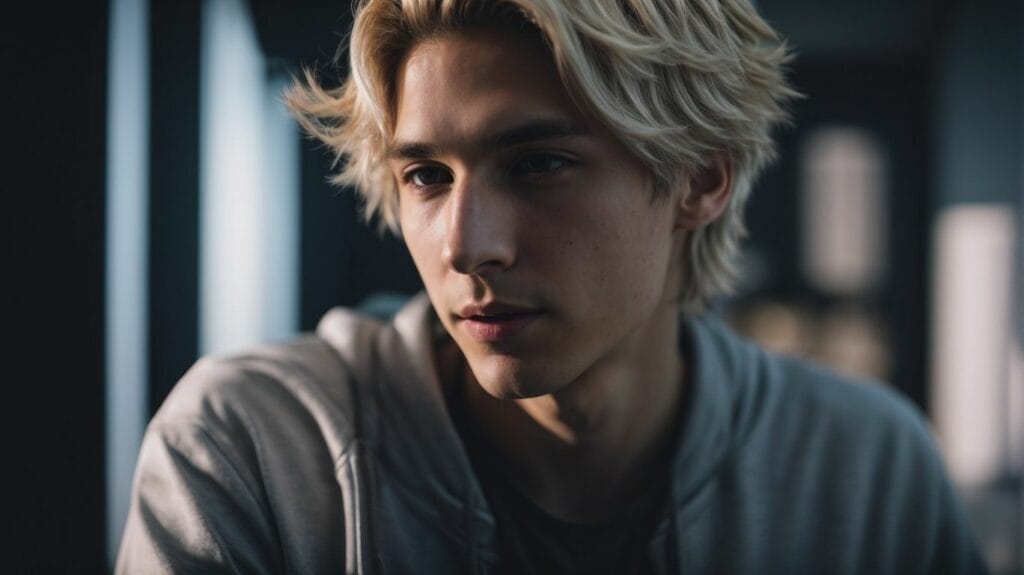 A young man in a gray hoodie with blonde hair, possibly of French descent or resembling XQC.