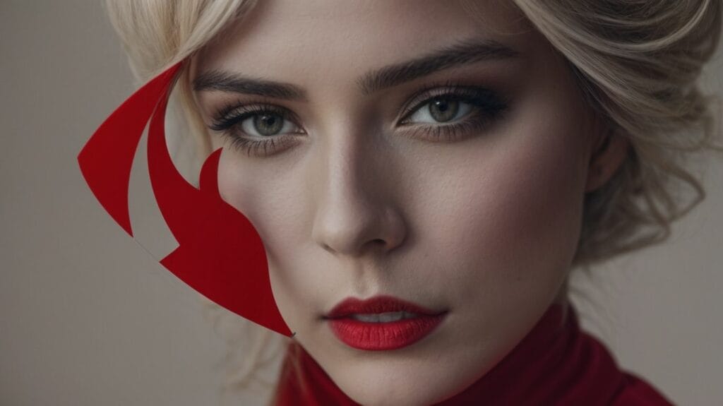 A woman with blond hair and red lipstick is striking a pose for a glamorous photo.