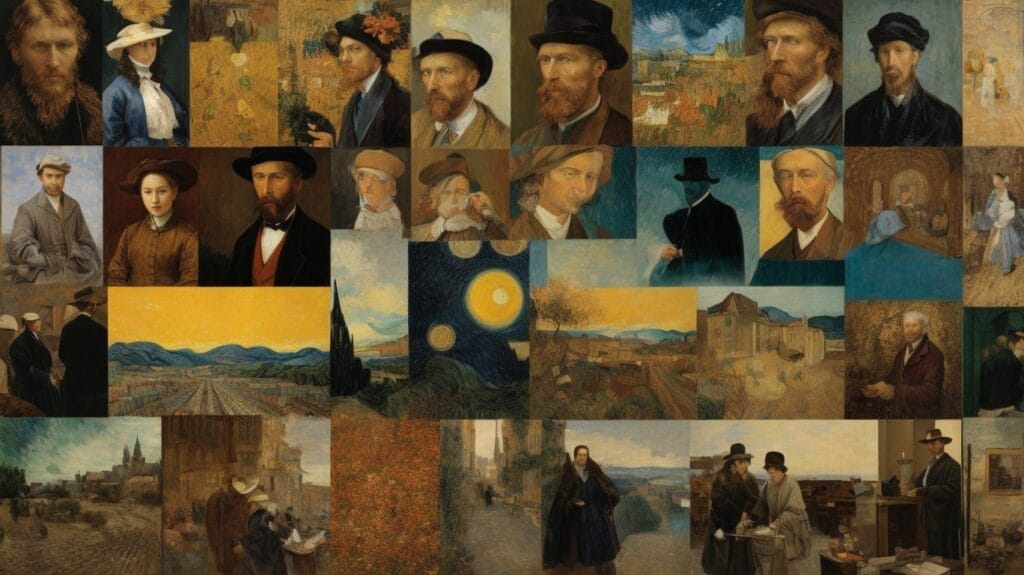 A collage of paintings by famous artists.