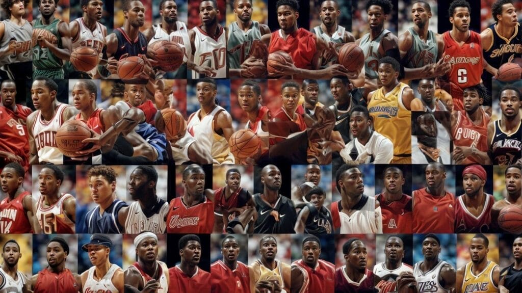 A collage of famous basketball players holding basketballs.