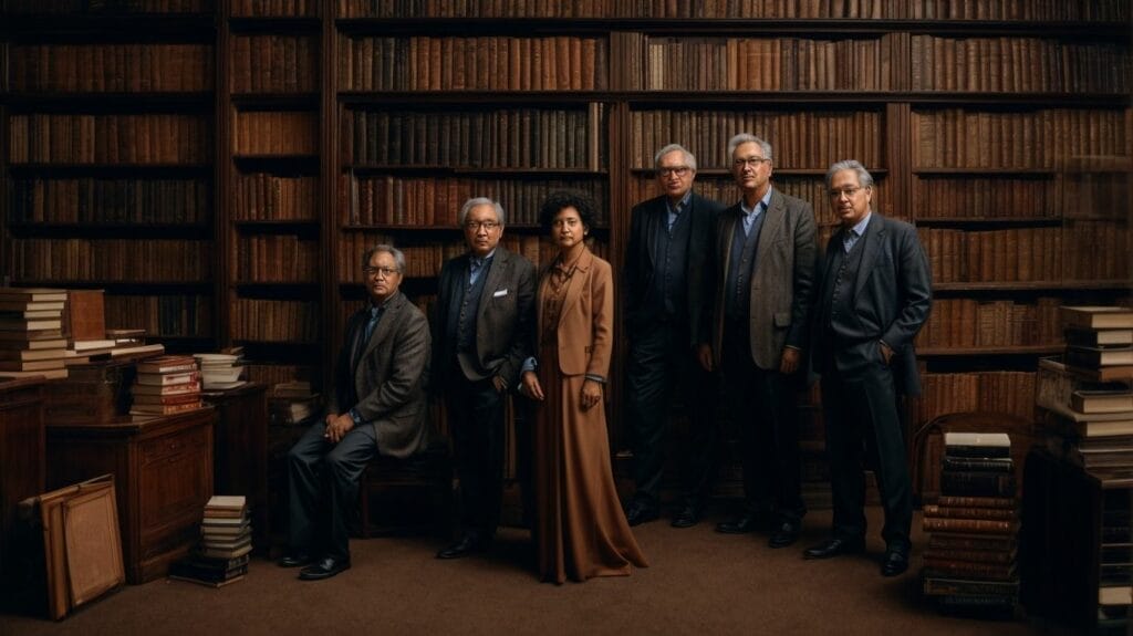 Most Famous Authors posing in front of bookshelves.