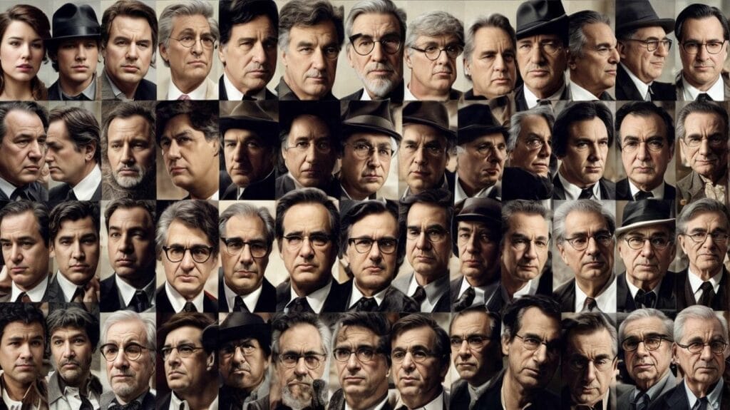 A famous collage of directors in suits and hats.