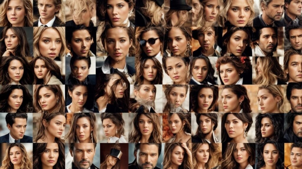 A collage of many different popular celebrity faces of women.