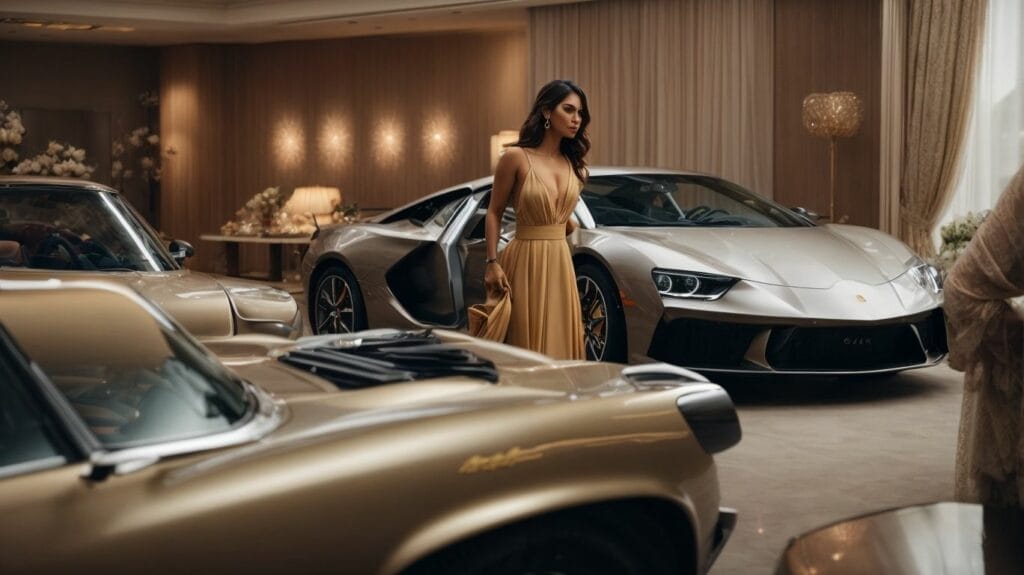 A wealthy woman in a gold dress standing next to a Lamborghini.