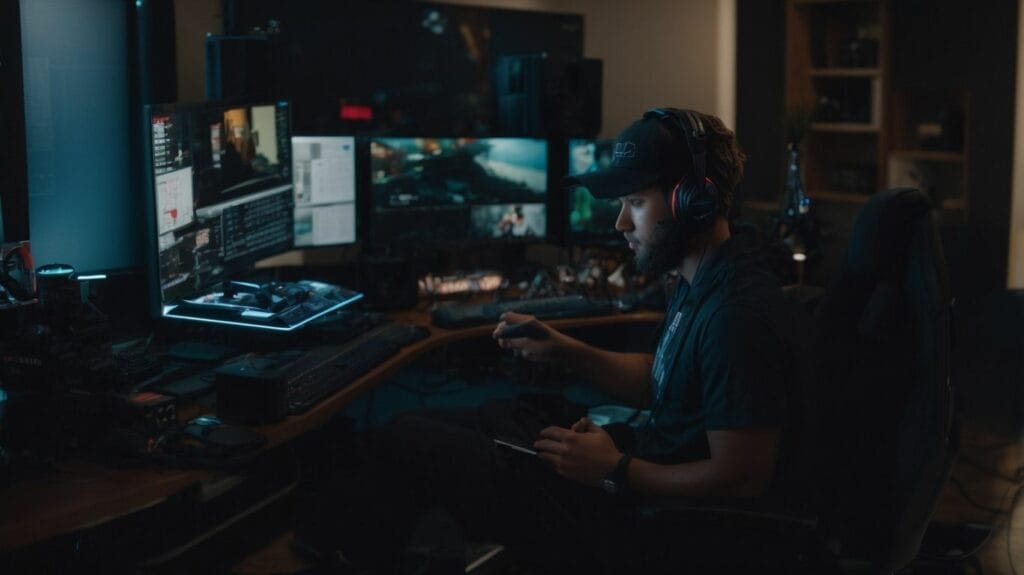 Adin Ross, a popular streamer, sits at a desk with multiple monitors in front of him.