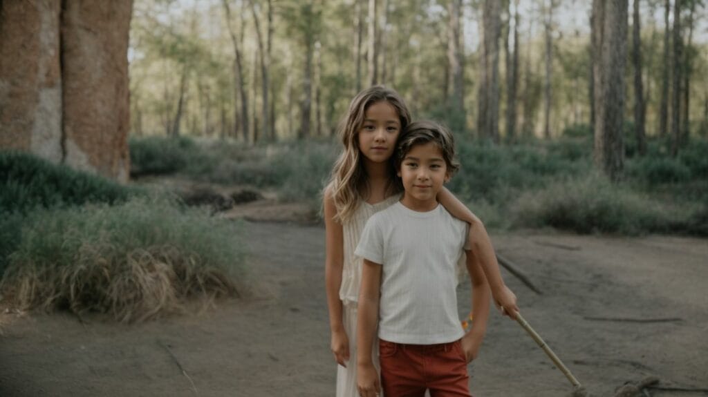 Two siblings standing next to a tree in the woods.