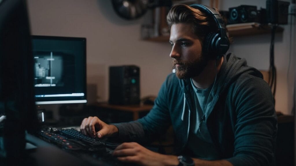 Adin Ross, a man wearing headphones, is sitting in front of a computer.