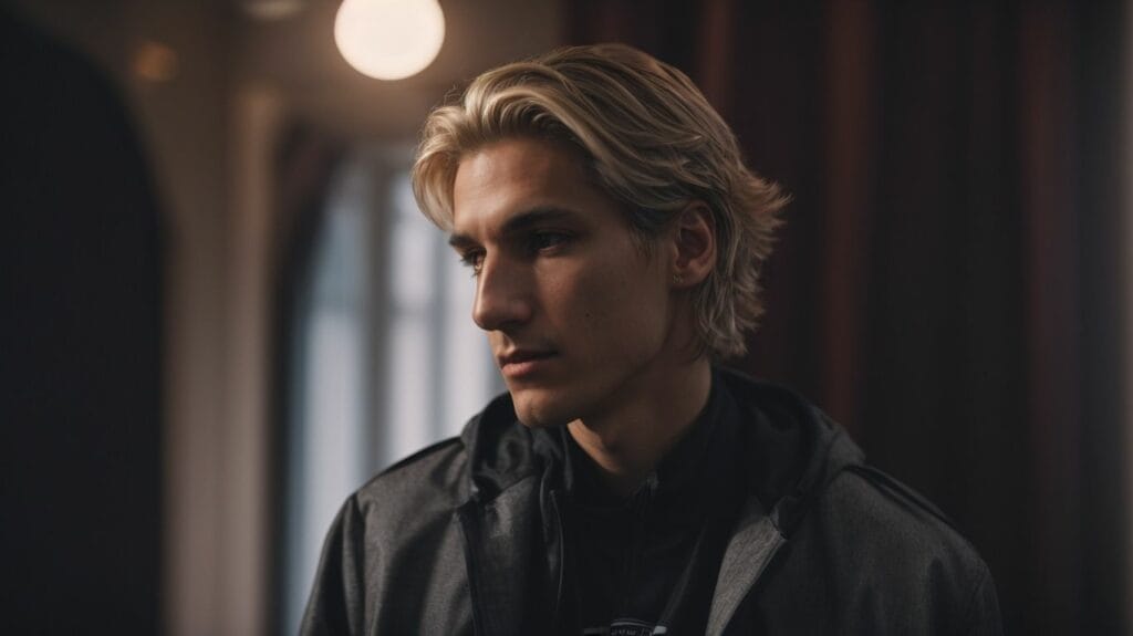 A young man in a black jacket with blonde hair, possibly dating XQC.