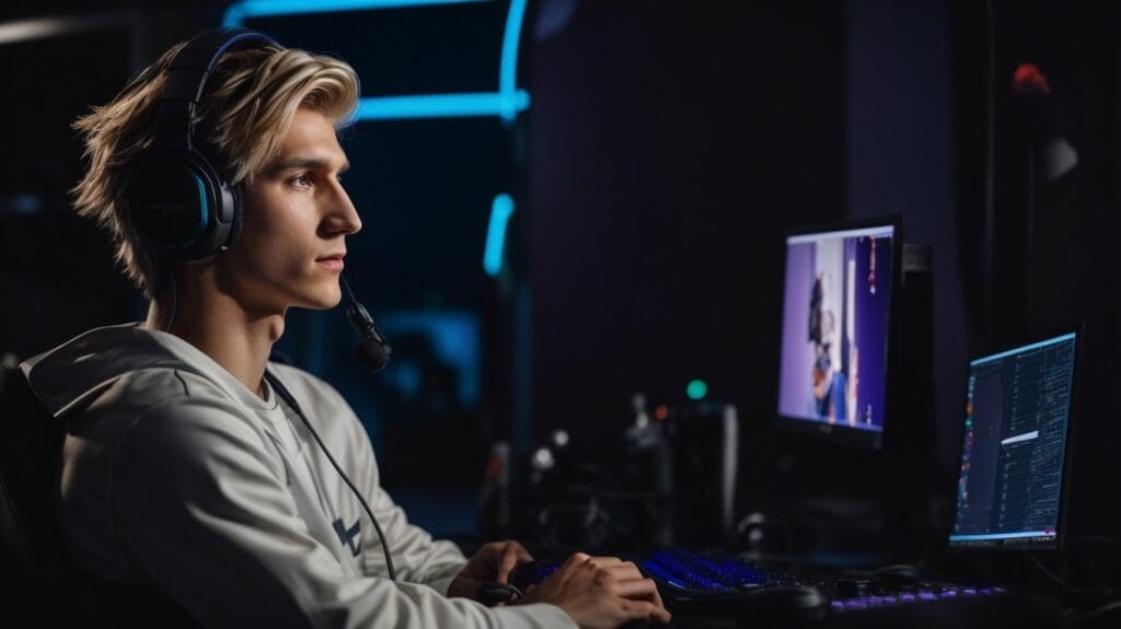 A young man, identified as XQC, wearing headphones in front of a computer screen.