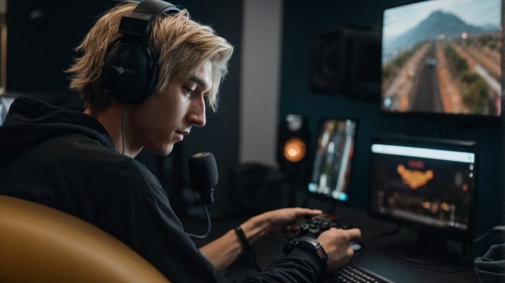 The famous gamer XQC is immersed in a video game, wearing headphones.
